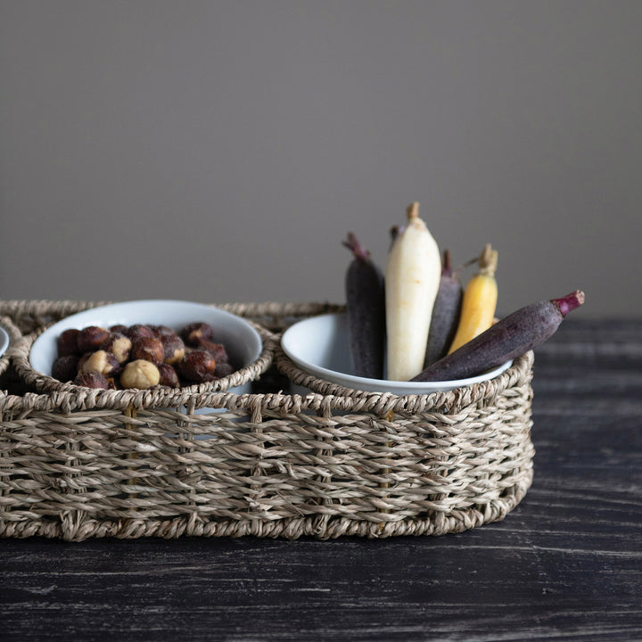 Woven Seagrass Basket with Ceramic Bowls