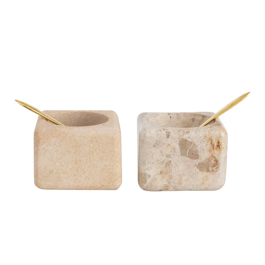 Marble Sandstone Pinch Pot w/ Brass Spoons
