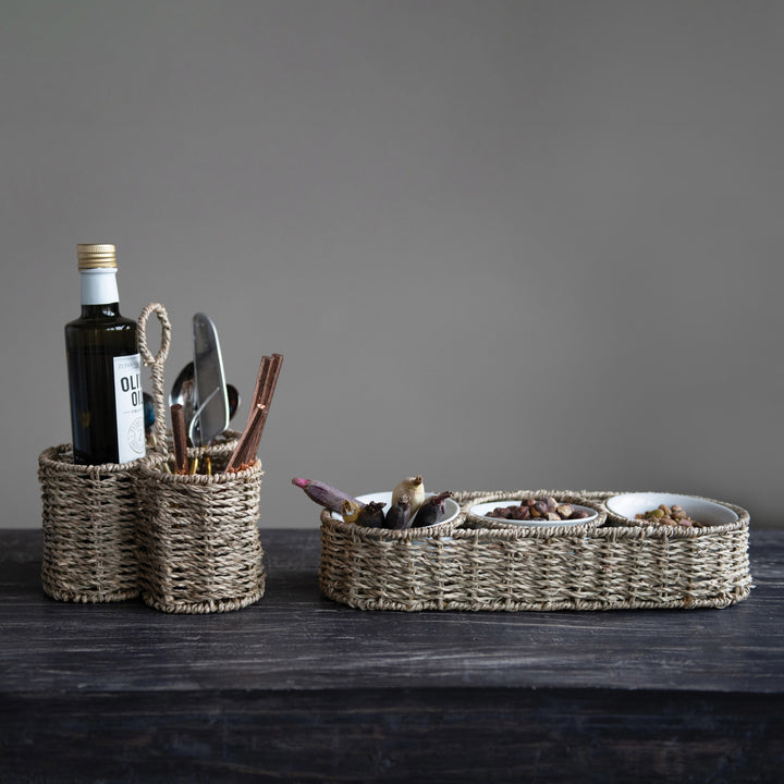 Woven Seagrass Basket with Ceramic Bowls